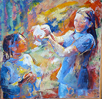 Michele CARER - peintre - toile - Une colombe, deux amies...